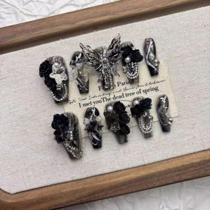 Handmade 3D Dark Ombre Butterfly Press-On Nails Medium To Long Length Women Girls