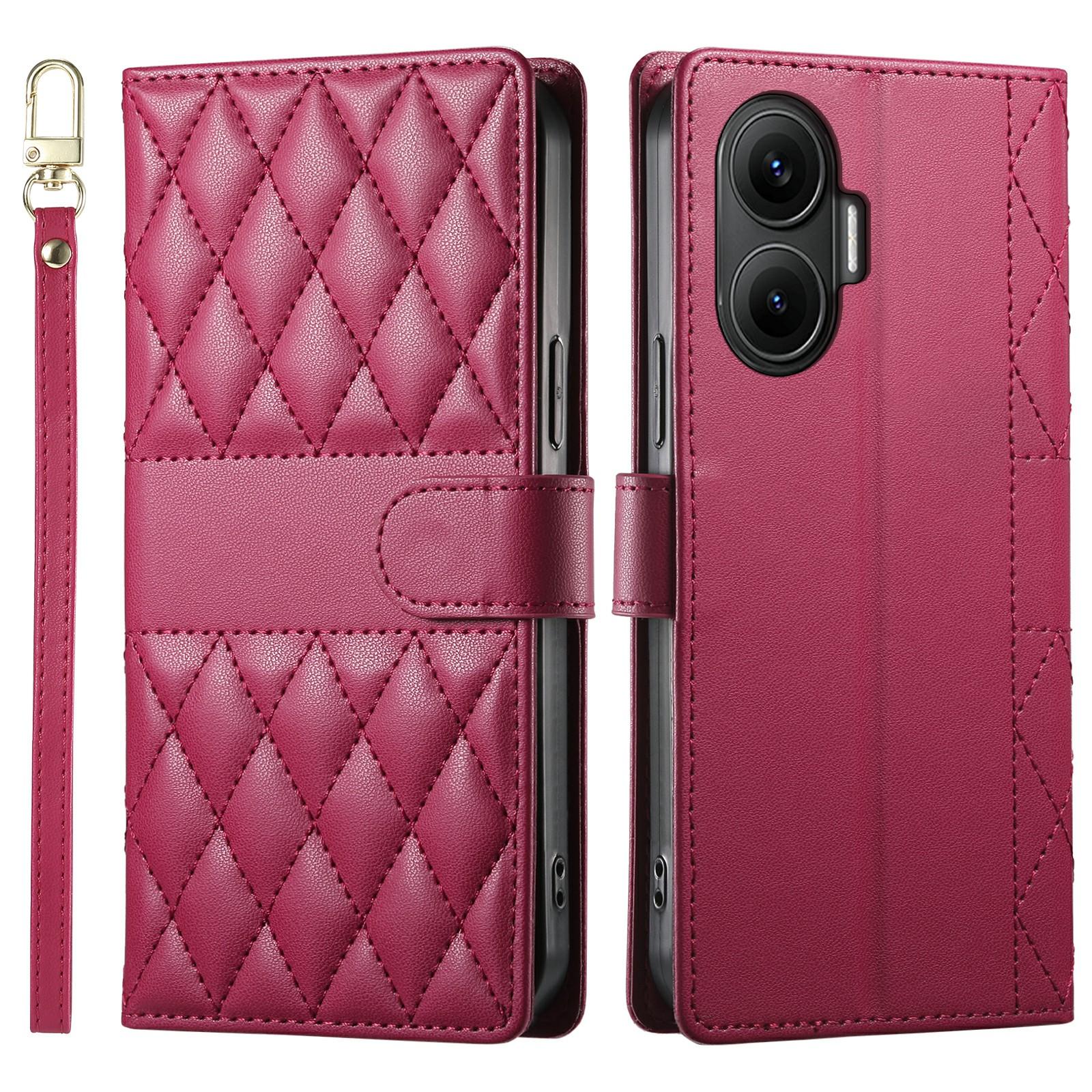 

For Xiaomi Poco F7 5G/Redmi Turbo 4 Pro 5G Case Rhombus Stitching Wallet Stand Leather Phone Cover with Long/Short Strap Red