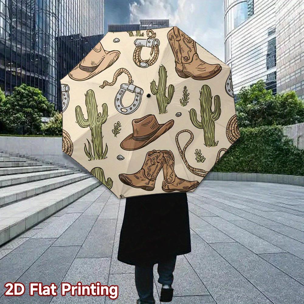 1pc Western Cowboy Hat & Boots Umbrella - Automatic Open/Close, 8-Rib Sturdy Frame, Compact Travel Umbrella with Cactus & Rope