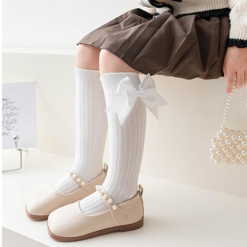 Girls Knee High Cotton Socks Big Ribbons Bow Back To School Socks, Ribbons Bows Long Socks Uniform Party Wear Stockings