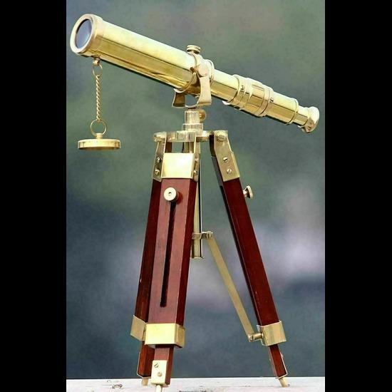 Maritime Nautical Polished Telescope With Wooden Tripod Stand Desk Decor