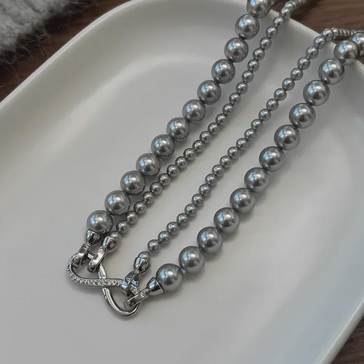 Shijia Pearl Double-Layered Necklace with Detachable 8-Shaped Buckle – Versatile Styles, Hemp Gray Chain.