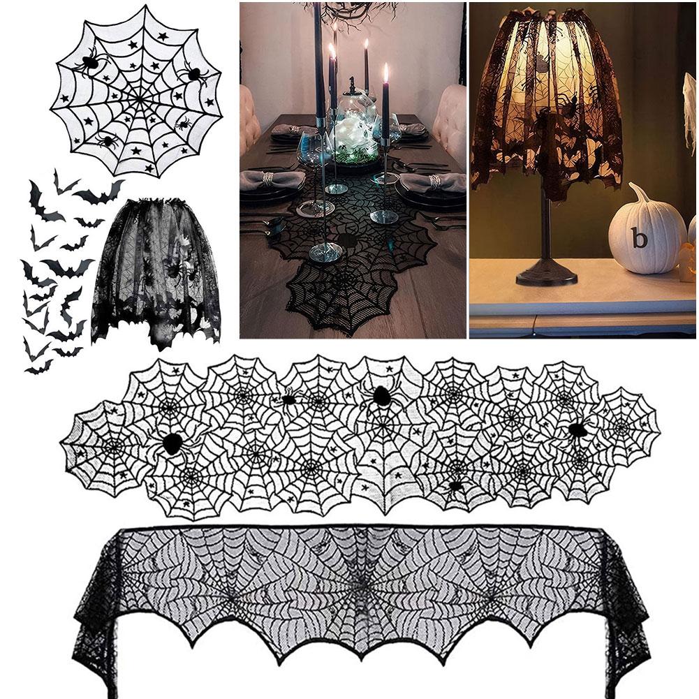 Halloween Decorations Tablecloth Runner Black Lace Round Spider Cobweb Table Cover Fireplace Mantel Scarf Spiderweb Fireplace