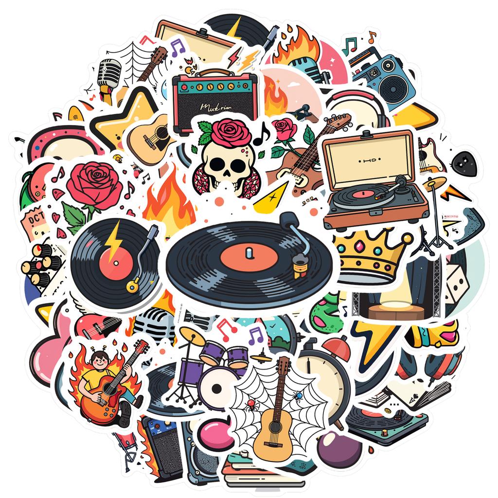 35-70pcs Rockin Music Stickers Cartoon Graffiti Decals Fans Gift Fridge Luggage Laptop Phone Guitar Car Bike Skateboard Decor