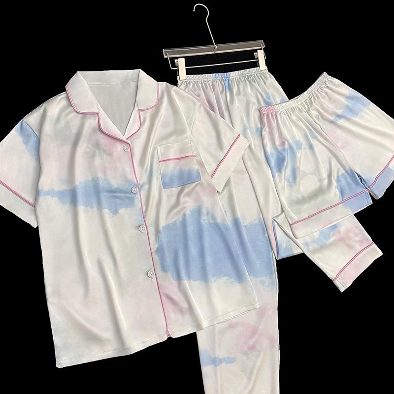 Summer Ladies Ice Silk Three-Piece Pajamas Homewear Girls Senior Short-Sleeved Blue and Pink Halo Cardigan Pajamas Homewear