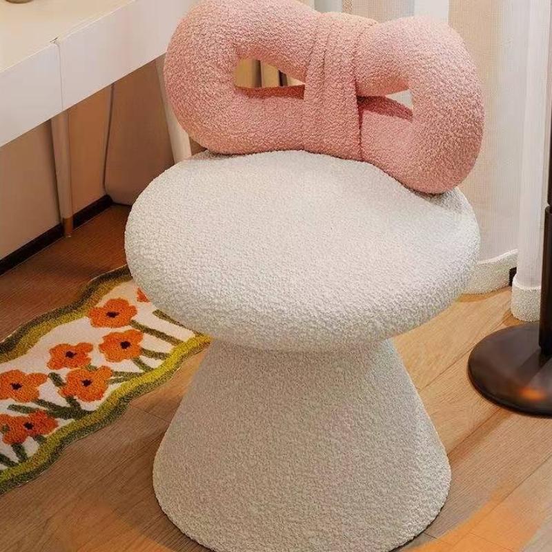 Cream Vanity Stool with Bow Back, Rotating Faux Sheepskin Makeup Chair,Nail Salon Stool for Dressing Table,Aesthetic Home Decor