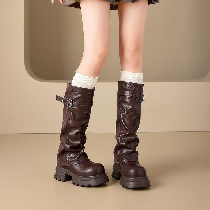 Support Boots Long Boots Women's New Versatile Belt Buckle Pleated Pile Boots Medium Pants Tube Boots