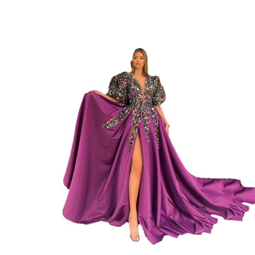 2025 Spring European & American Women's Floral Sequined V-neck Evening Gown