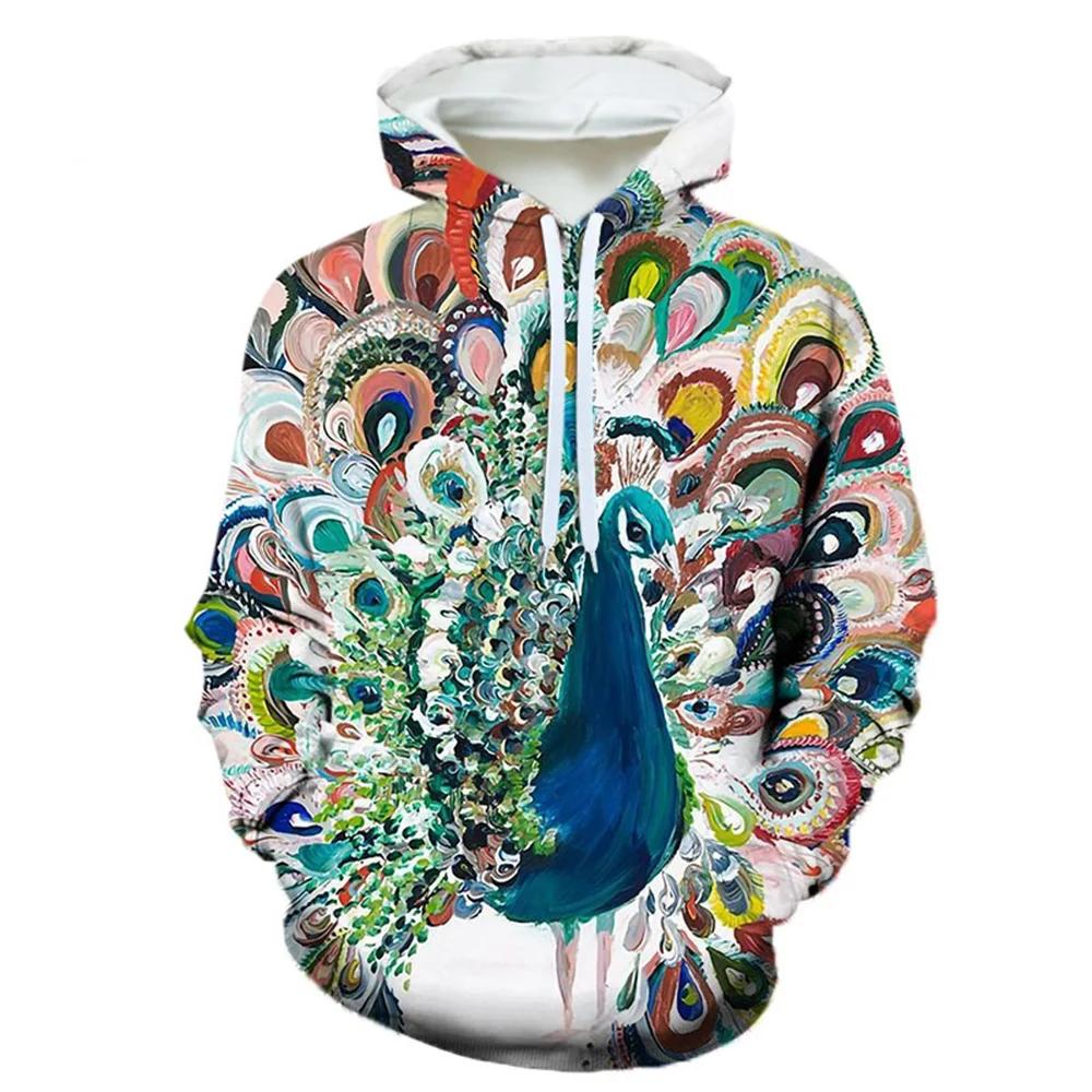 

Осенние толстовки с принтом животных павлина в формате 3D для мужчин и женщин, модные повседневные толстовки с капюшоном большого размера, пуловеры, спортивные костюмы, детская одежда 6XL