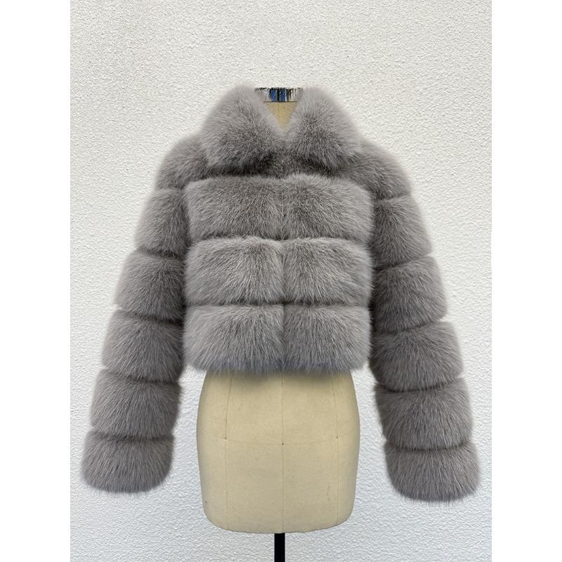

S-6X короткая куртка из искусственного меха лисы женская зимняя новая модная куртка с круглым вырезом и вставками из искусственного меха S светло-серый