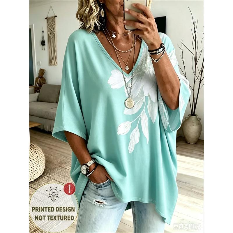 T-shirt da Donna Taglie Forti con Scollo a V e Maniche a Pipistrello Stampa Etnica Bohemien Top Largo Estivo Comodo Traspirante per il Pendolarismo Quotidiano Casual