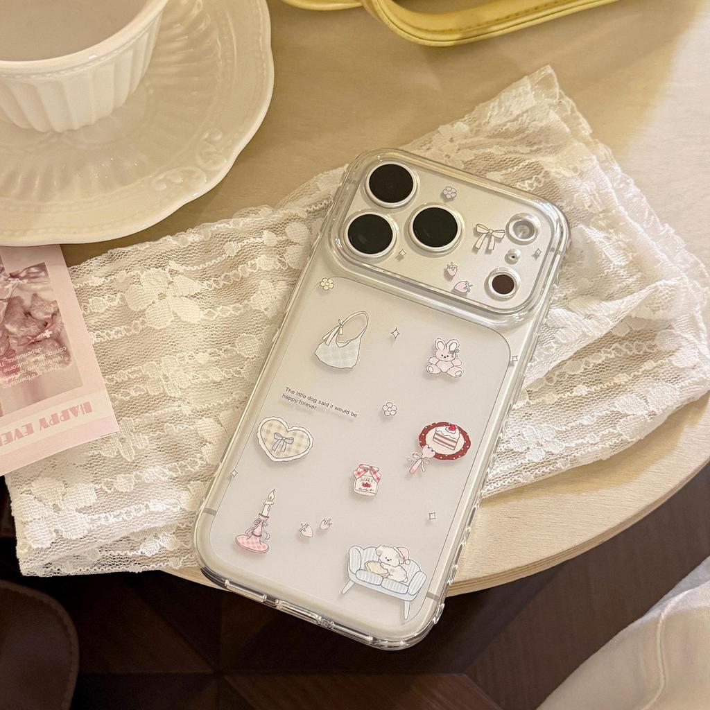 Transparent Collage-Style Cartoon Phone Case for iPhone 13-17 Pro Max in Soft, Cute Korean Style