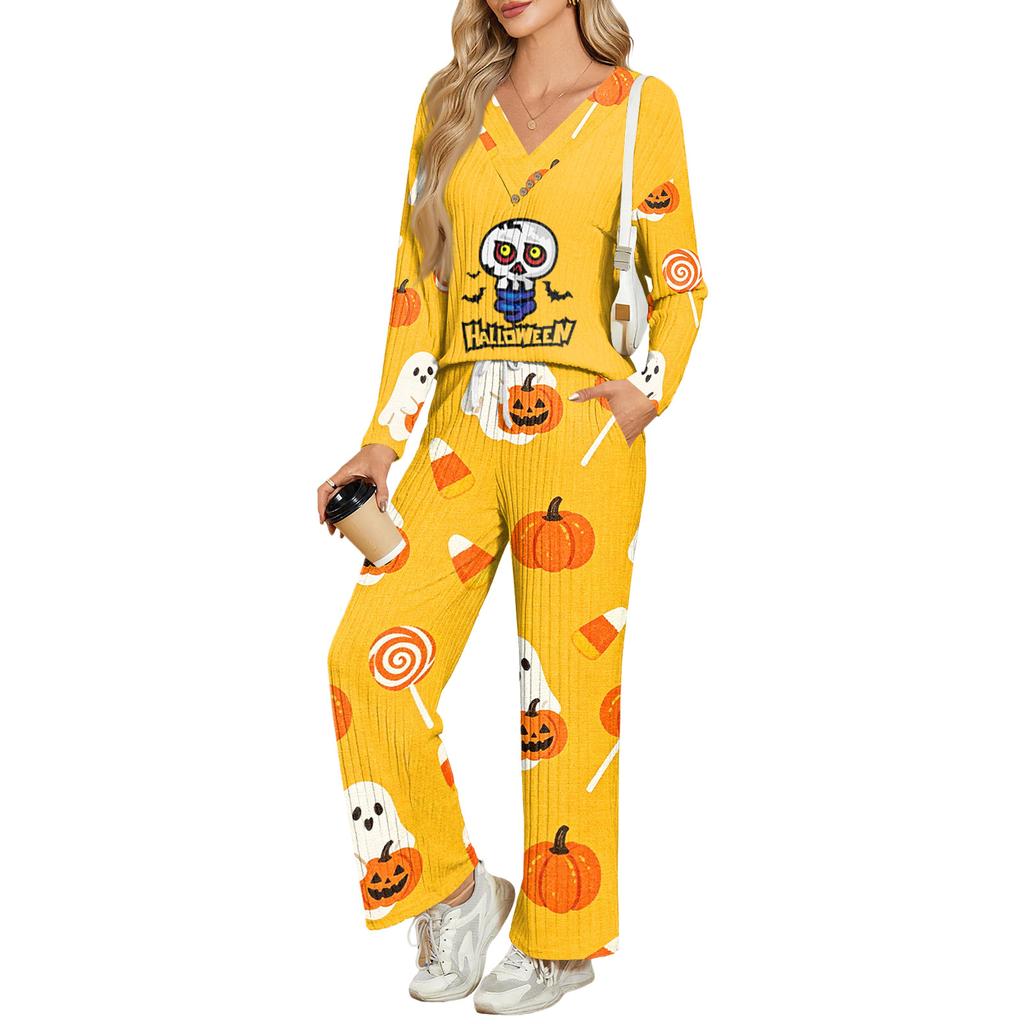 Women's Halloween Print Long Sleeve V-Neck Loose Fit Pajama Set with Pockets
