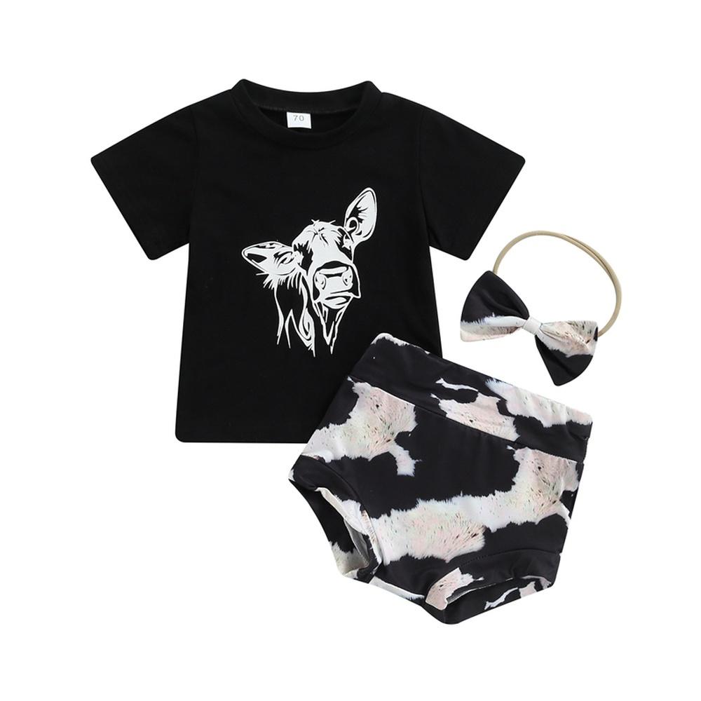 Verão Bebê Meninas Desenho Animado Vaca Estampada Camiseta + Shorts + Faixa de Cabelo 3PCS Roupas Roupas para 0-24 Meses