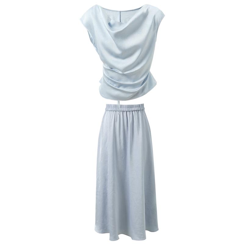 Elegant Drape Neck Top & A-line Skirt Set S