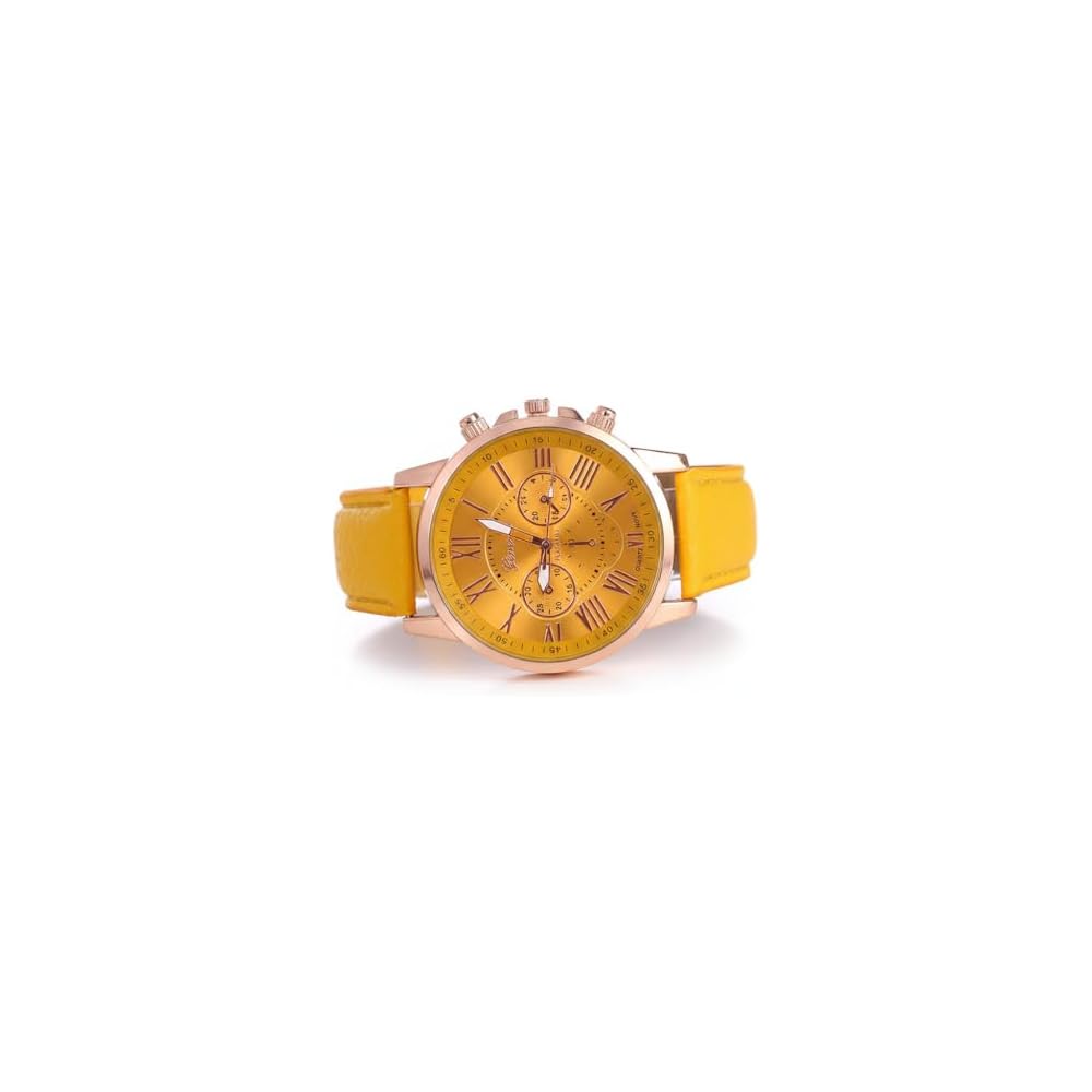ZooooM Analog Quartz Watch Yellow Round Face Faux Leather Strap Chronograph Casual Business