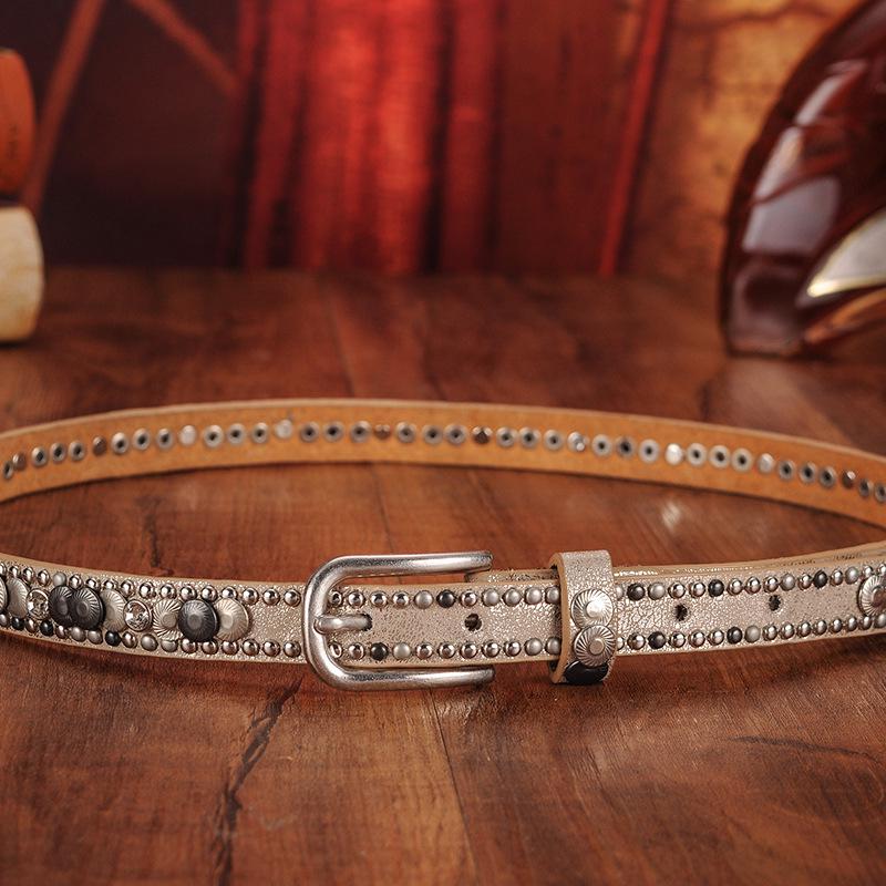 Ethnic Style Retro Rivet Leather Belt with Rhinestone Inlays for Women