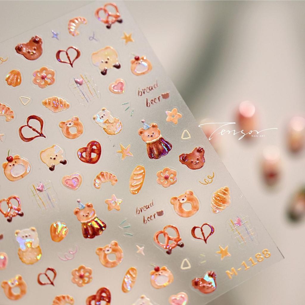 Cartoon Cute Bear Pudding Pretzel Bread Croissant Cookies Shiny 3D Self Adhesive Nail Art Stickers Bakery Lovely Manicure Decals