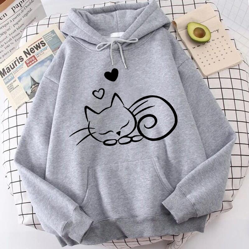 Damskie bluzy z nadrukiem śpiącego kota i serc, casualowe bluzy z kapturem, graficzne bluzy z kapturem w stylu gotyckim, bluzy z kapturem streetwear, ubrania kawaii