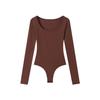 In Stock: Sexy Skin-Friendly Nude Cotton U-Neck Long Sleeve Bodysuit - Slimming Fit