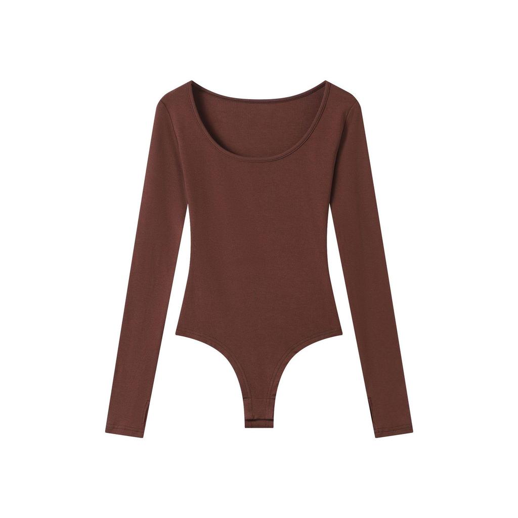 In stoc: Body sexy din bumbac nude prietenos cu pielea cu gât U și mâneci lungi - Croială slim