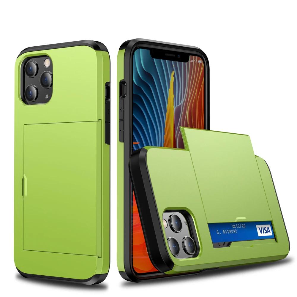 Armor Slide Card Case For iPhone 15 14 13 Pro Max 12 Mini 11 12 Pro Max XS Max XR X Card Slot Holder Cover Wallet Slide Cover