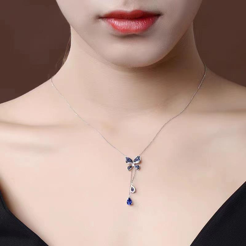Elegant Sapphire Butterfly Tassel Choker Necklace for Women - Trendy, Luxurious, and Versatile Design