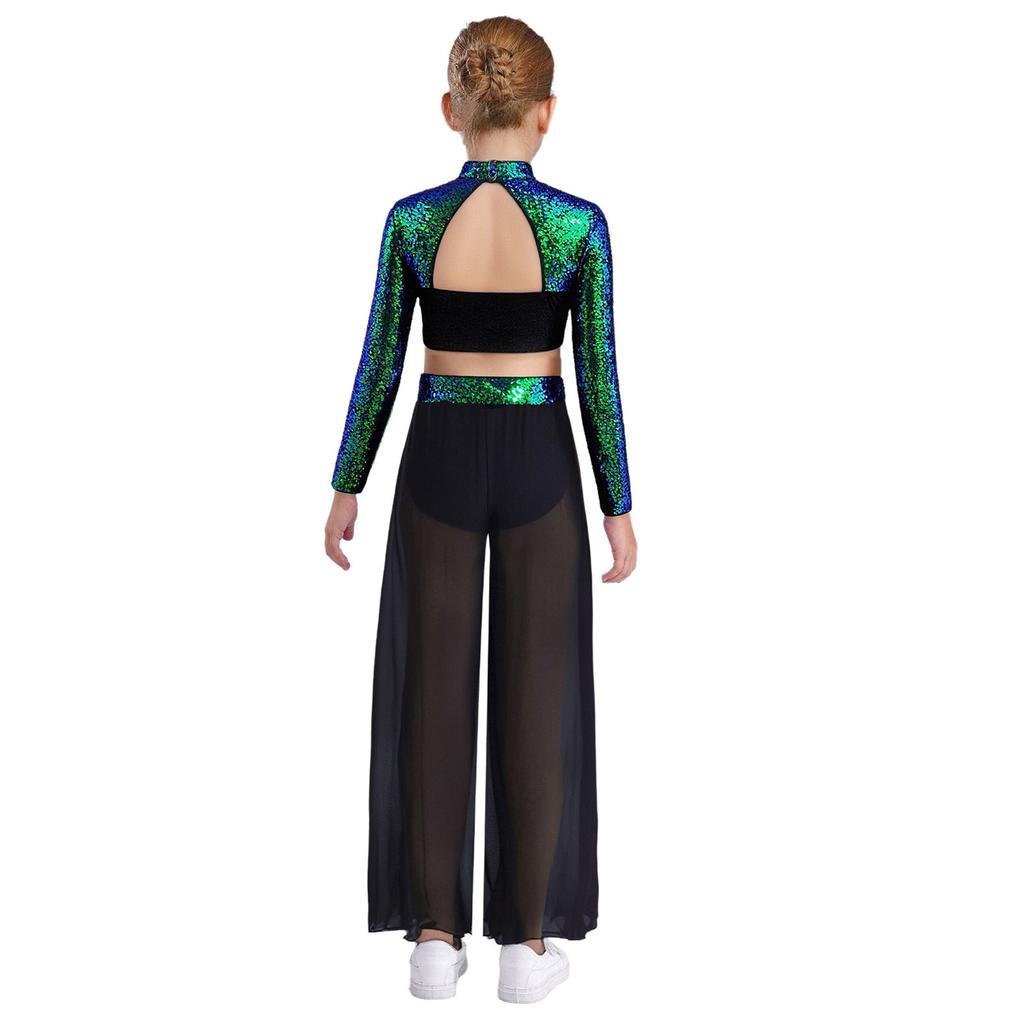 Girls Performance Dance Set Mock Neck Long Sleeve Sequins Crop Top Flowing Chiffon Wide Leg Dance Pants