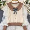 A Gentle and Youthful Style of A Socialite with A Bow and A Baby Collar Knitted Sweater for Women's Autumn and Winter, Featuring A Patchwork Lace Top