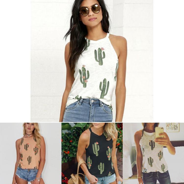 Stylish And Comfortable Women's Cactus Printed Round Neck Tank Sleeveless T-shirt For Summer