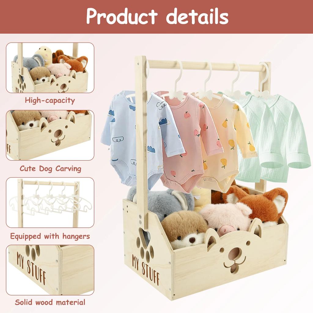 Wood Baby Shower Basket Baby Toys Storage Crate with Hangers and Handle Multipurpose Gift Basket for Boys Girls New Parents