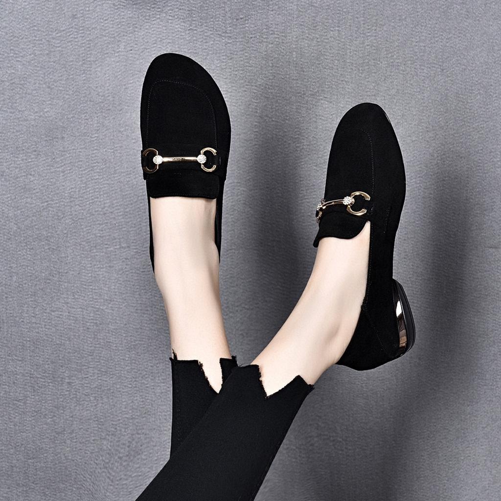 Women's Shoes Spring New Black Sheepskin Metal Buckle Rhinestone Flat Bottom Comfortable Lazy Shoes