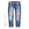 Damen-Jeans mit Rissen, Frühjahr 2025 – Lässige lange Hose mit Printapplikationen