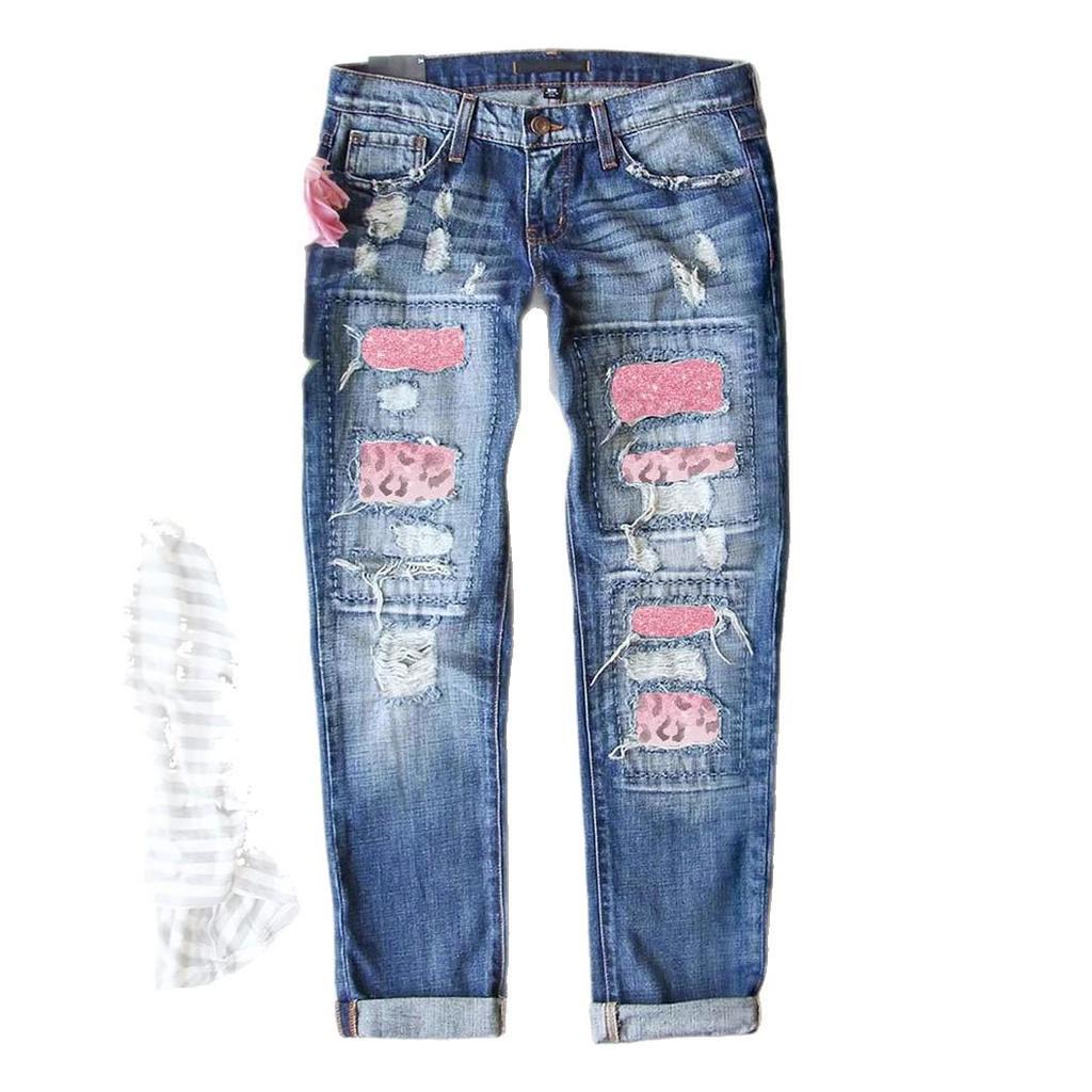 Damen-Jeans mit Rissen, Frühjahr 2025 – Lässige lange Hose mit Printapplikationen