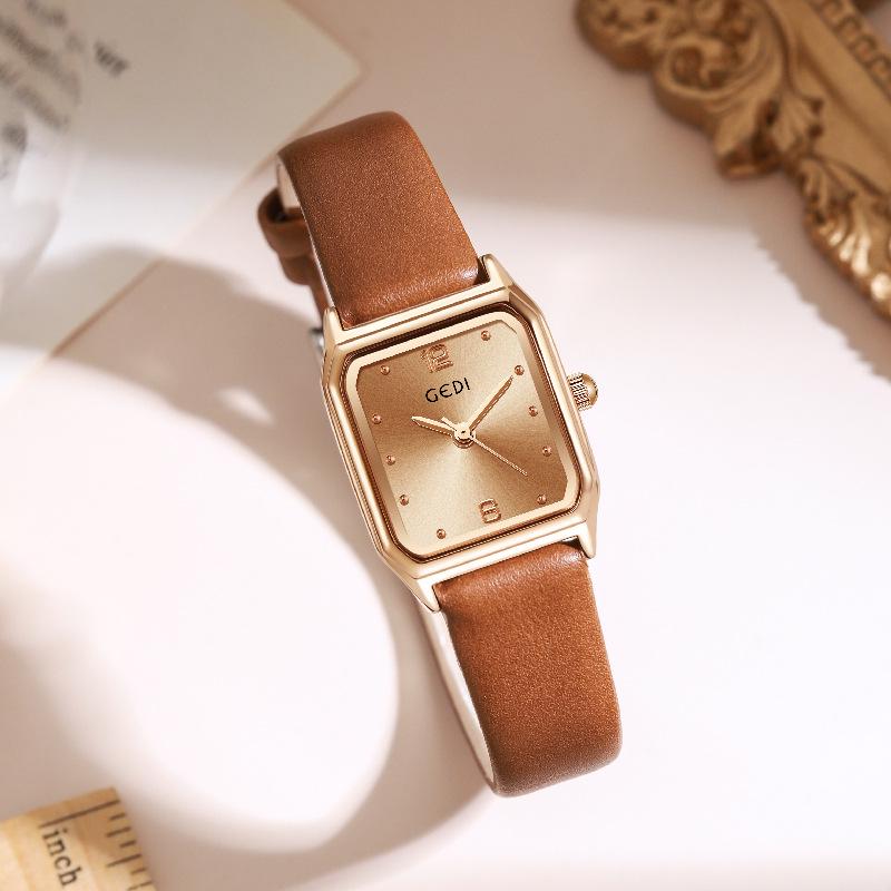 Gedi Women's Square Dial Leather Strap Quartz Waterproof Watch