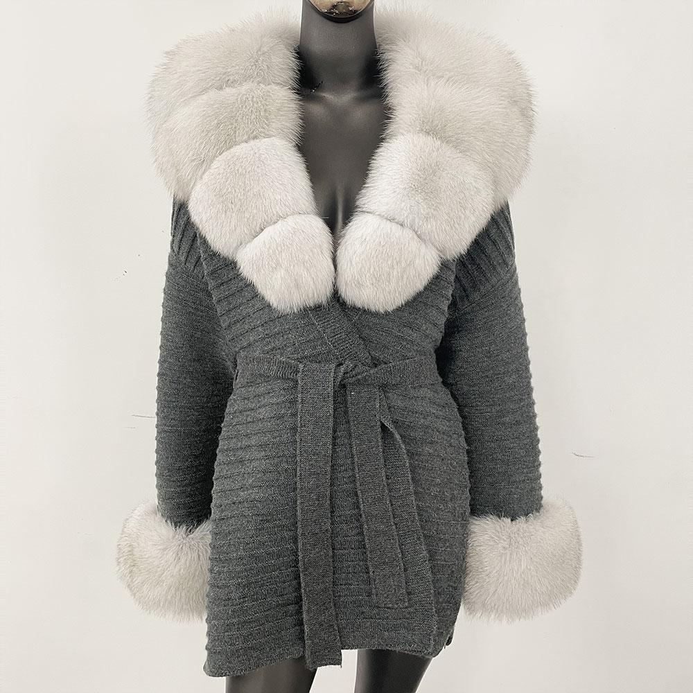 OFTBUY Podzimní Dámský Měkký Dlouhý Pravý Velký Liščí Kožich Teplý Pletený Kabát Pásek Klopa Límec Svrchní Oblečení Ležérní Svetr Bunda Volná Dámská Elegantní Dlouhá