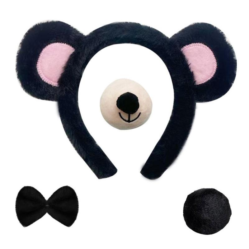 4Pcs Hair Hoops Set with Bear Themes Costume Headband Nose for Themed Performances Photography and Role Play Event