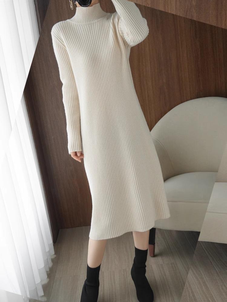 Women's Mid-Length Woolen Sweater Dress - Half-High Neck, Warm Knit Base Layer for Autumn & Winter