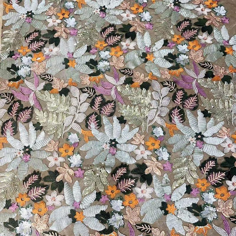 Floral Sequin Bead Embroidery Fabric Lace Tulle Fabric for DIY Sewing Girl Dress Party Dress Wedding Dress Handmade Fabric