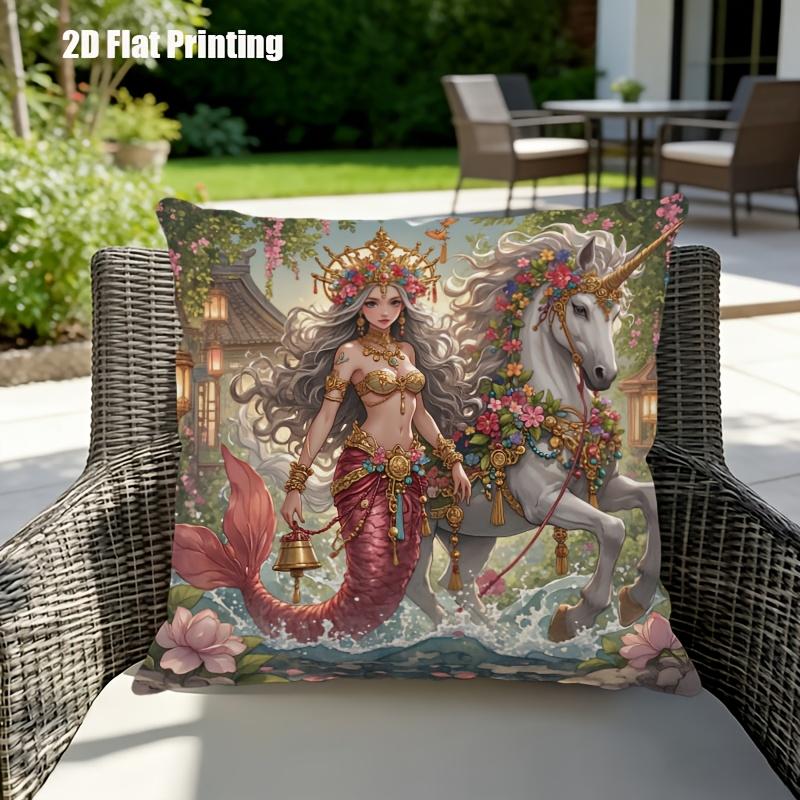 Mermaid and Unicorn Pillowcase Fantasy Art Cushion Cover Mythical Creatures Throw Pillow Magical Sea Decor Gift for Her 40cmx40cm