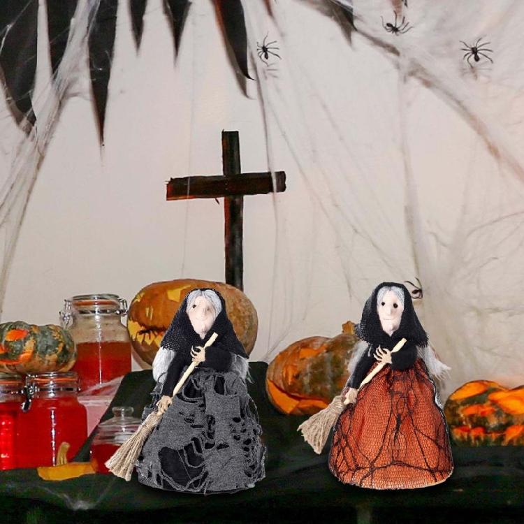 Haunting Halloween Decorative Witch Broom Personalized Fabric and Wood Witch Broom Sculpture for Halloween Celebration