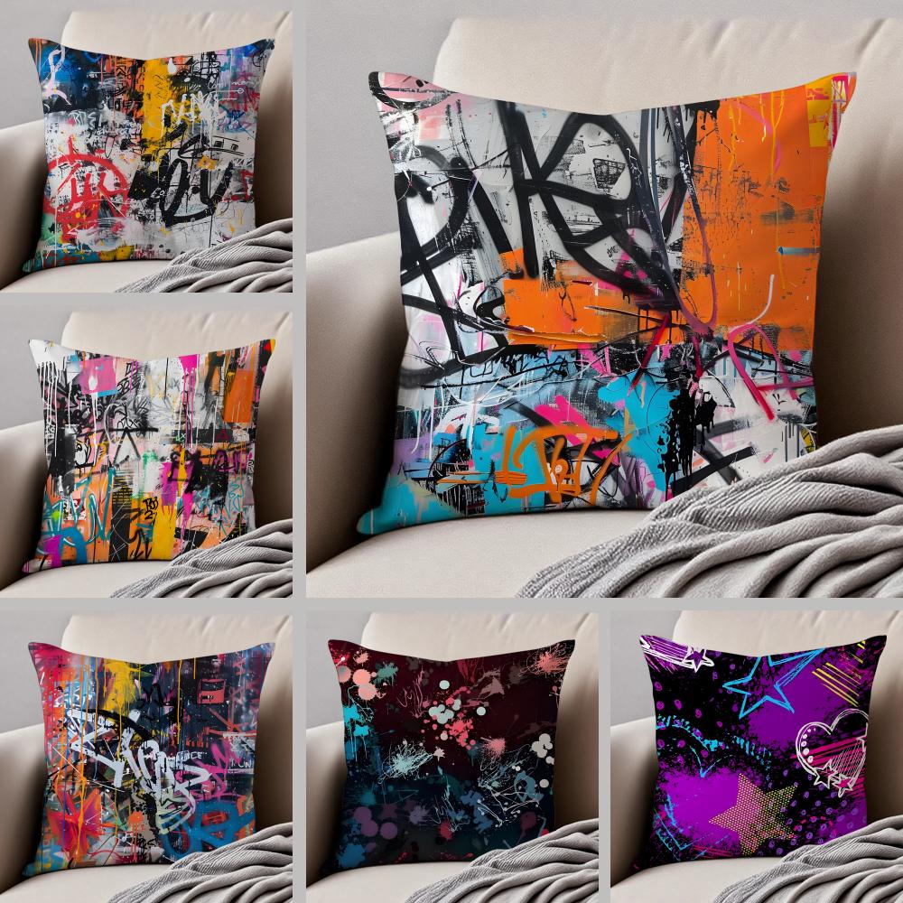 Street Fashion Graffiti Art Patterns Cushion Cover Linen Pillow Case Soft Breathable Protective Couch Room Decoration