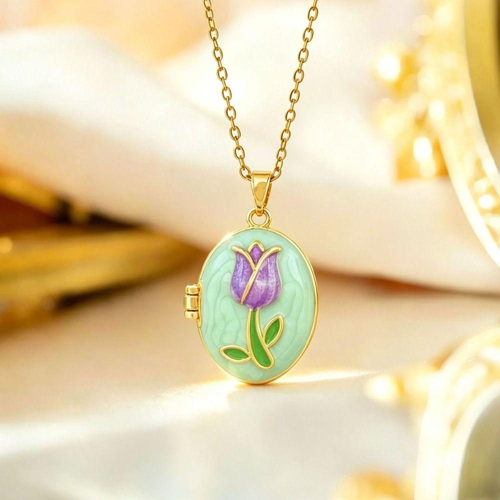 Opening and Closing Lid Photo Locket Pendant Necklace Titanium Steel Glazed Flower Choker Girl