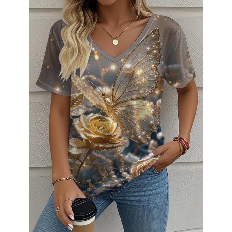 Blume Schmetterling 3D Druck T-Shirt Damen Streetwear Lässige T-Shirts Tops Sommer Harajuku V-Ausschnitt Tees Übergroße Damenbekleidung