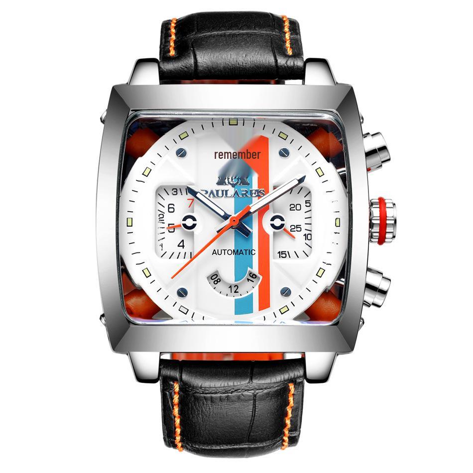 Orologio Automatico Quadrato Luminoso da Uomo con Cinturino in Vera Pelle