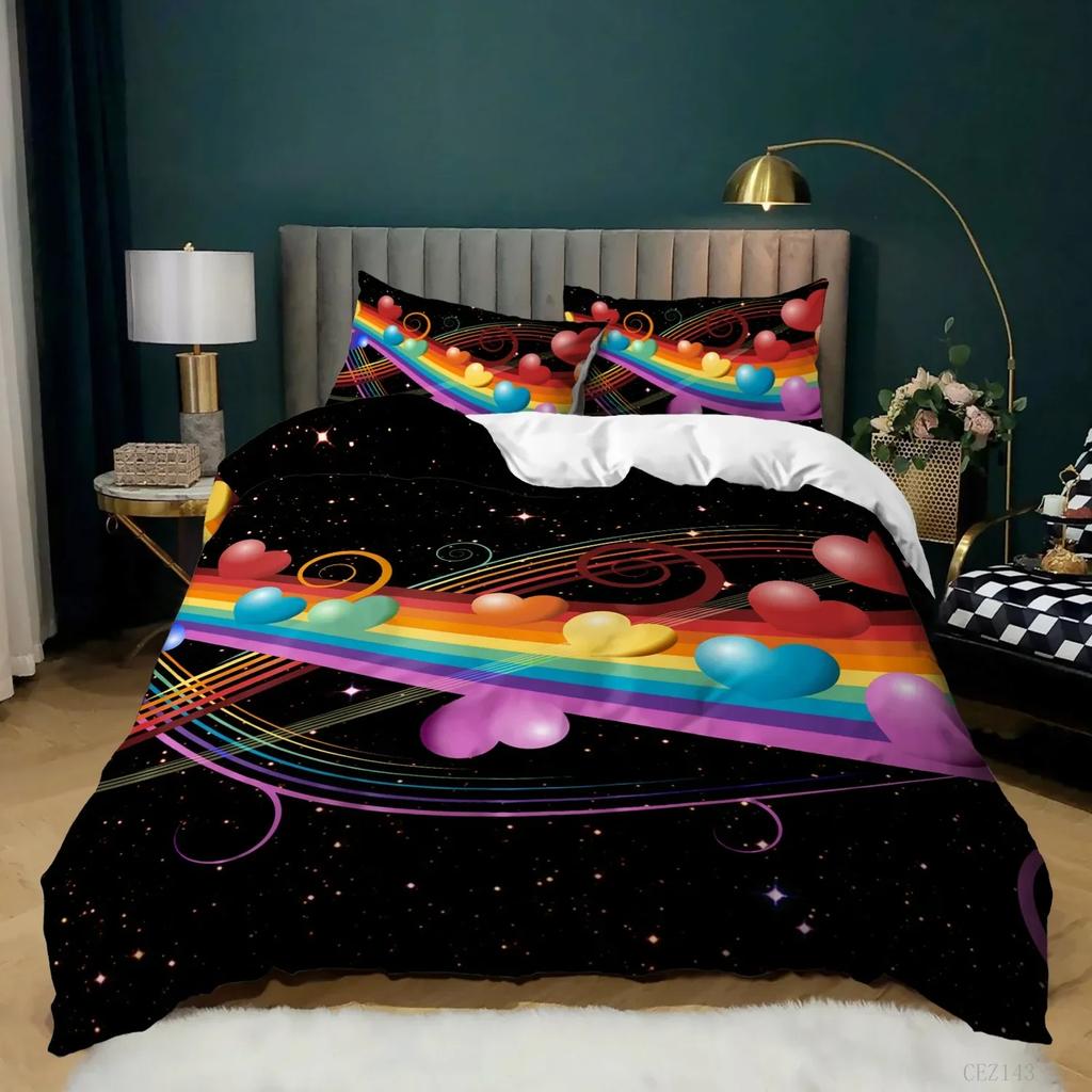 Regenbogen-Bettbezug, KingQueen-Size, LGBT, abstraktes Regenbogen-Herz-Bettwäscheset für Mädchen und Frauen, bunte Linien, weicher Bettbezug