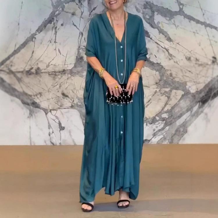 Women's V-neck Batwing-sleeve Satin Loose-fitting Casual Straight-cut Plain-coloured Dress