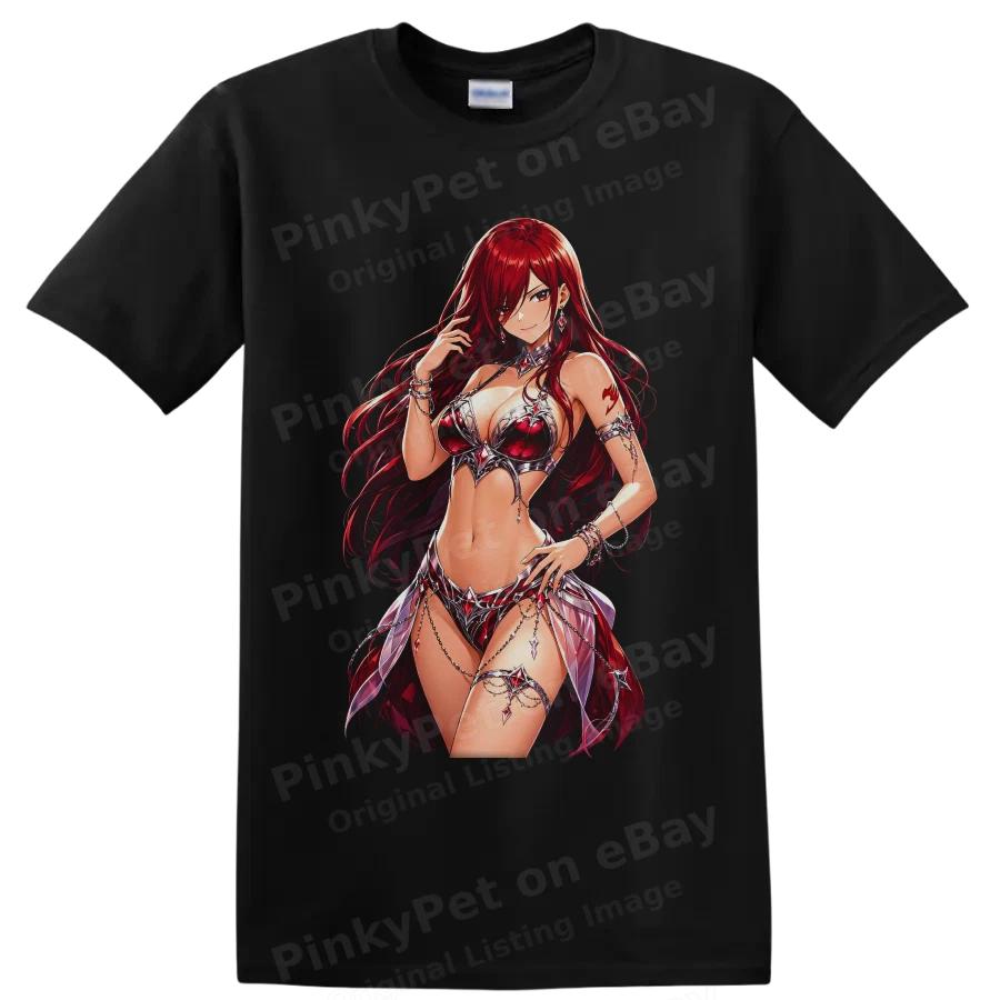 Anime Fantasy Woman T Shirt Red Hair Crystal Armor Illustration Art Tee Graphic