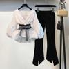Spring Summer 2 Pcs Suits Women's Striped Bow Lantern Sleeve Blouse + Black Split Flare Sleeve Pants Set