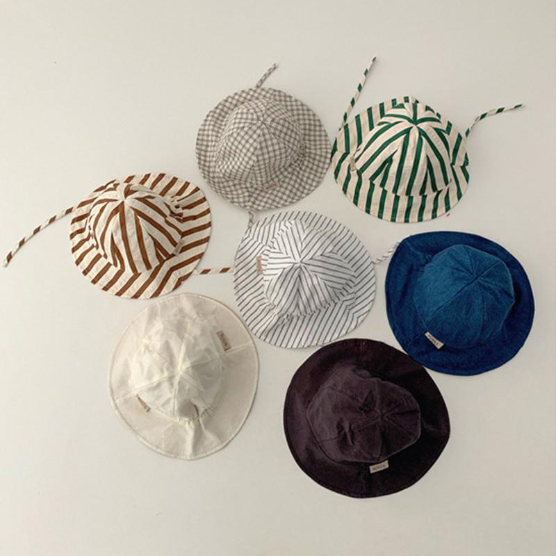 Summer Baby Bucket Hat Plaid Striped Lace-up Wide Brim Sunshade Fisherman Cap Infant Boys Girls Outdoor Sun Hats